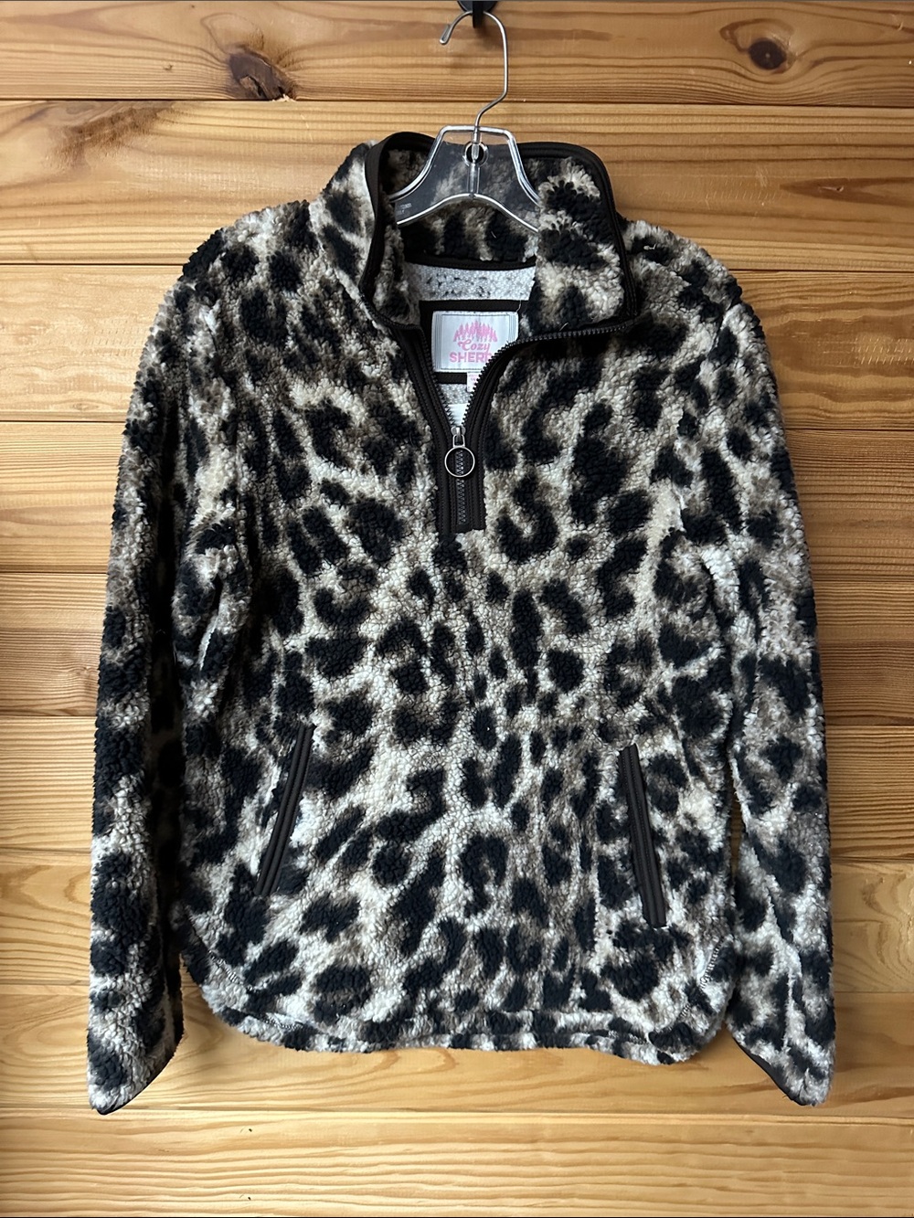 Cozy Sherpa Women's Fleece Leopard Print Quarter-Zip Pullover Size S